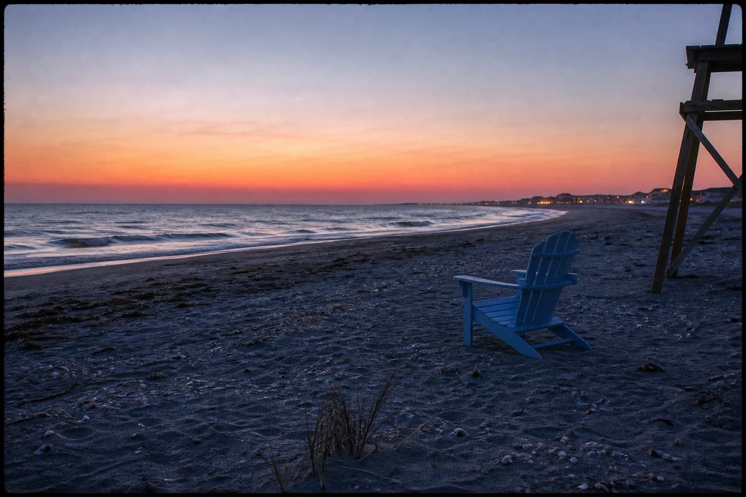 A Gulf beach at January dusk, one empty chair facing the water.