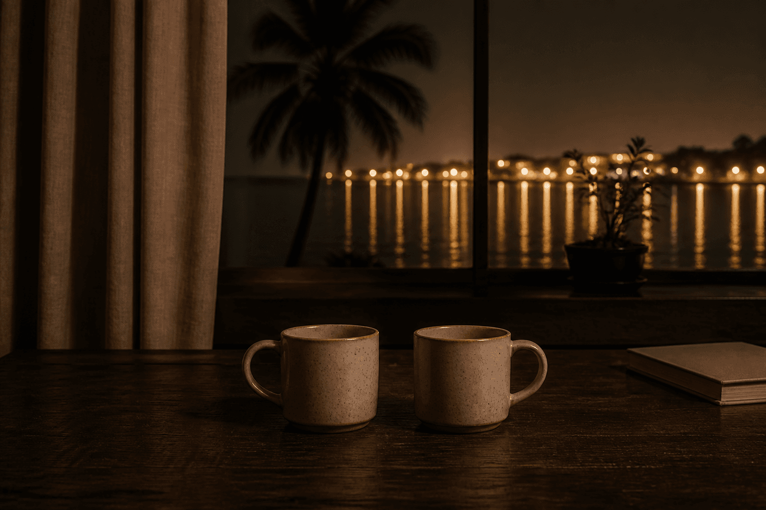 Two mugs on a table at night. Placeholder still.