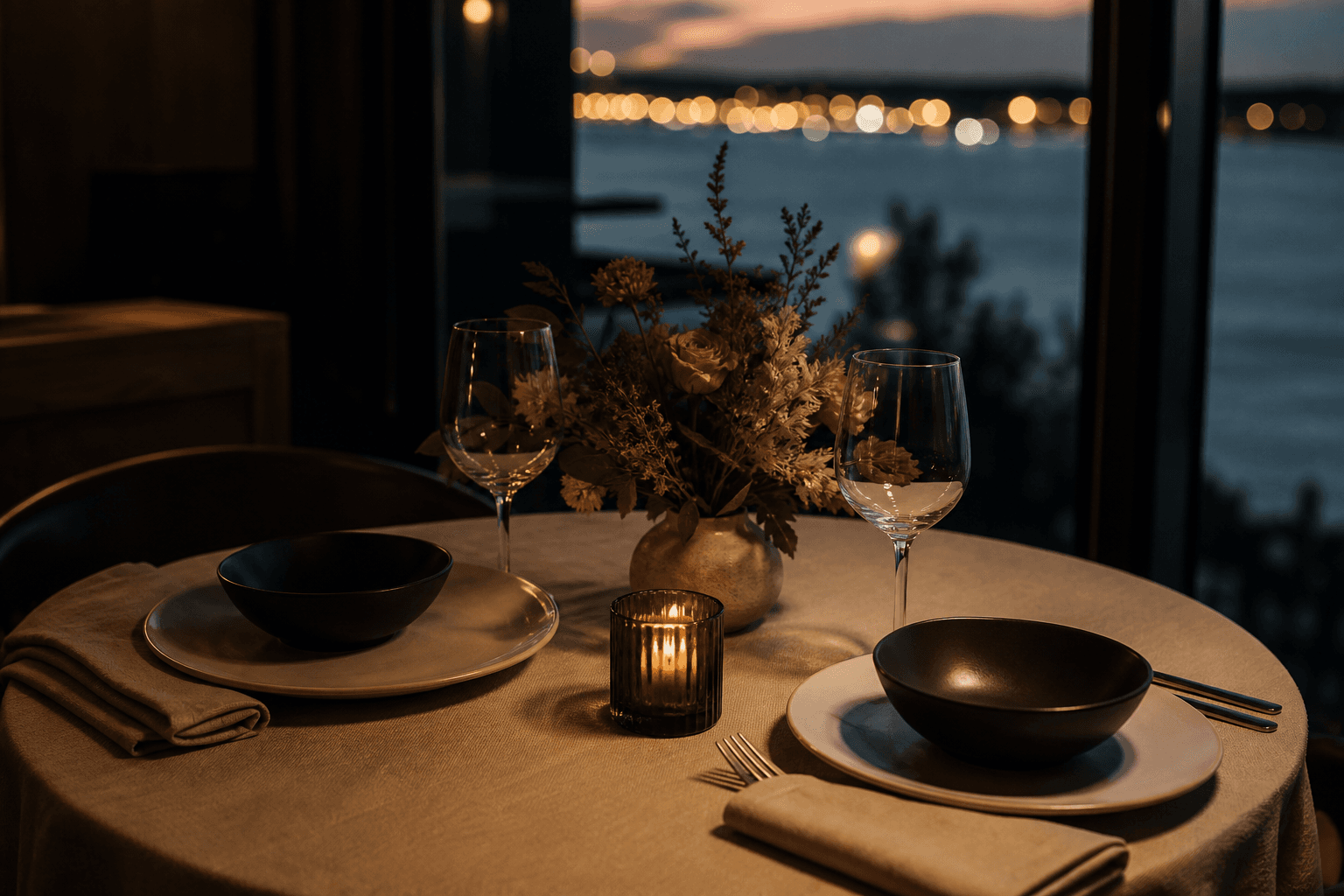 A quiet table set for two at dusk. Placeholder still.