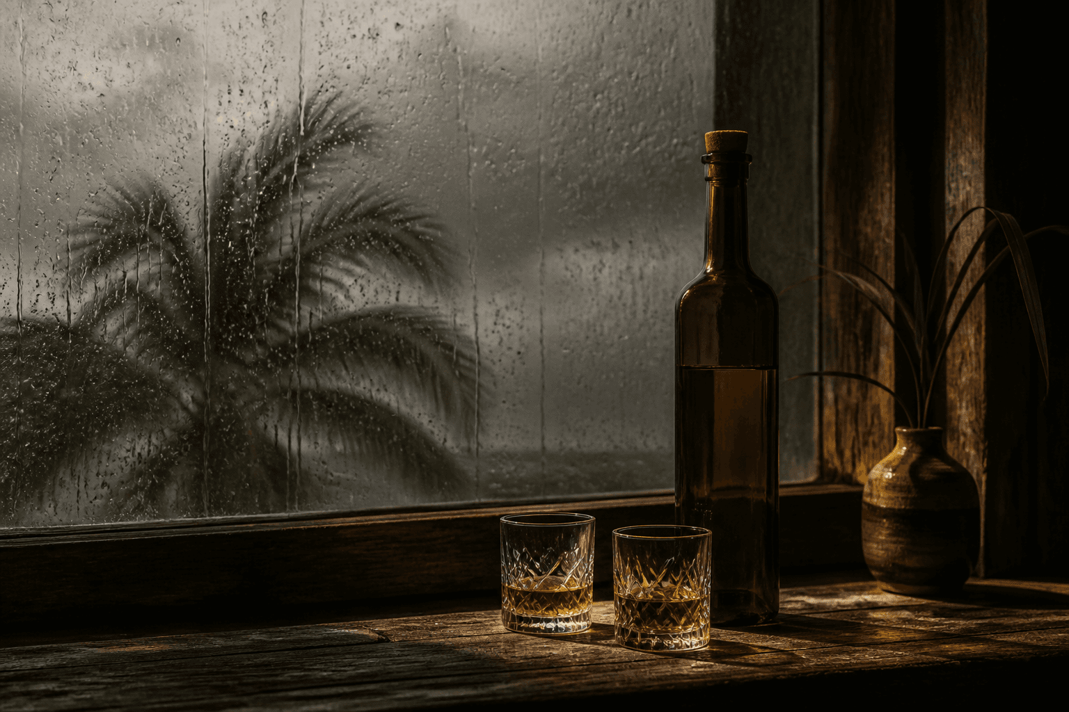 Two glasses and a bottle on a rainy windowsill. Placeholder still.