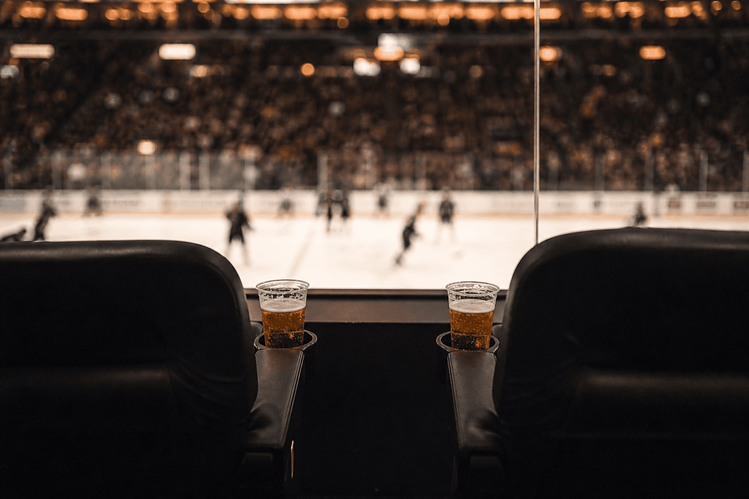 Two arena seats and two beers above the ice. Placeholder still.